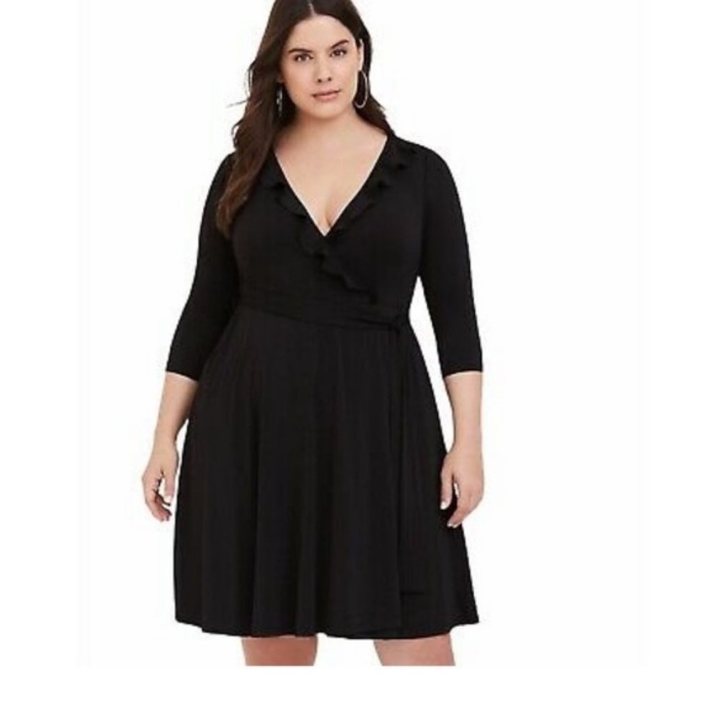 Black Ruffle Studio Knit Wrap Dress